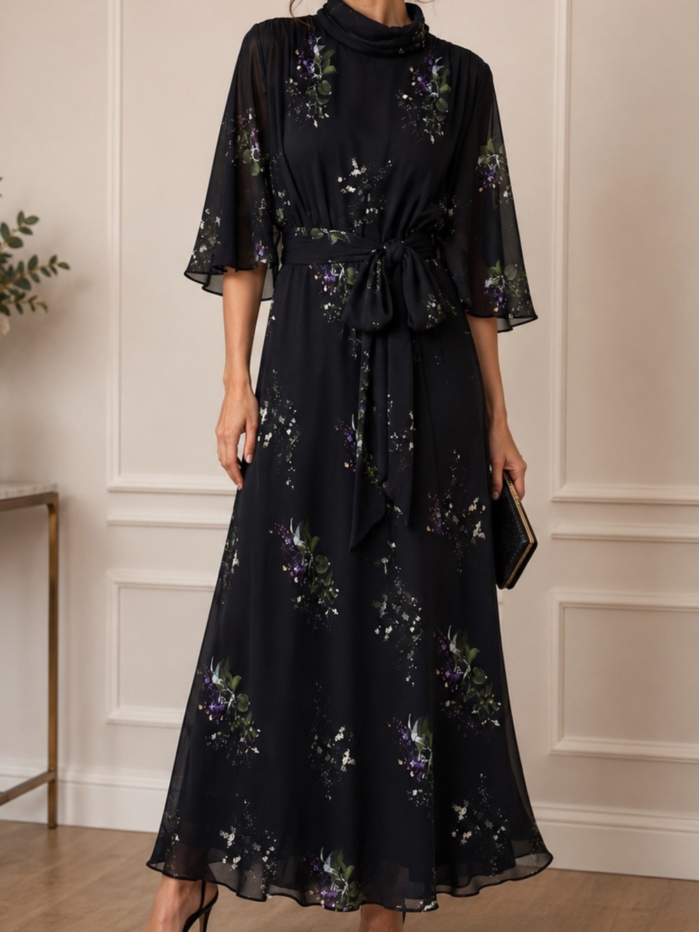 Goop G.Label Silk High Neck Black Floral Flutter Sleeve Dress with Waist Tie